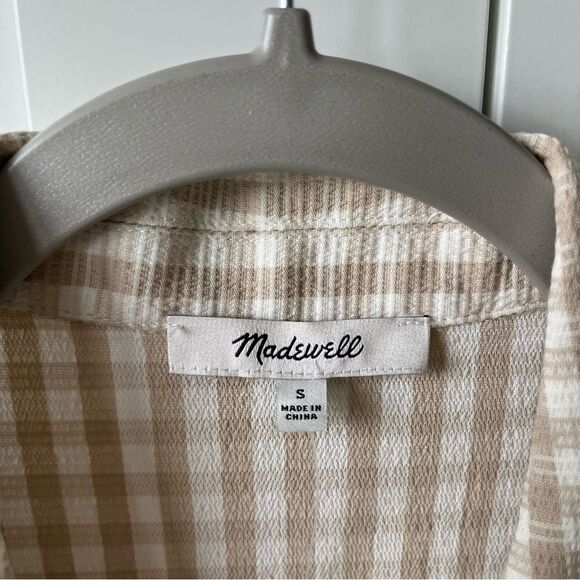 Madewell Camp Checked Gingham Plaid Boxy Gauze Button Down Shirt Tan Small NWT - Picture 6 of 16